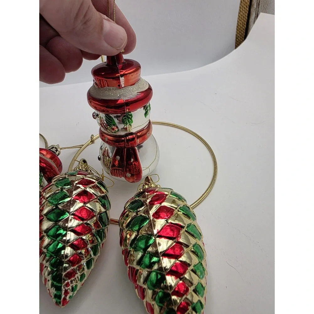 VTG Christmas Ornaments Lot 7Santa Snowman Pine Cone Red Green Gold Holiday